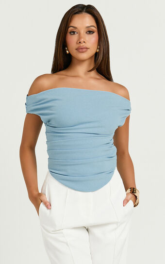 Cleo Top - Off Shoulder Curved Hem Top in Baby Blue