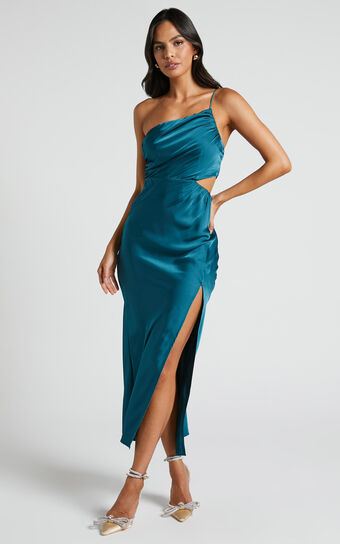 Jaylani Midi Dress - One Shoulder Thigh Split Gathered Satin Dress in Teal