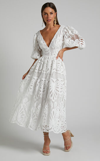 Anieshaya Midaxi Dress  V Neck Cut Out Lace in White