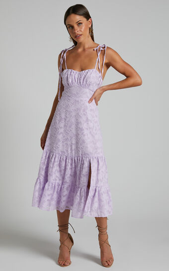 Jovena Midi Dress - Gathered Bodice Tiered Dress in Lilac