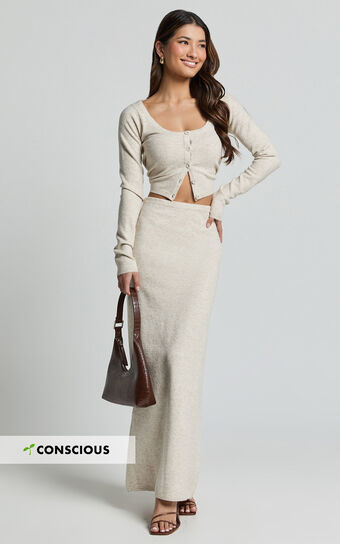 Beverly Two Piece Set - Recycled Knitted Scoop Neck Cardigan Top and Column Maxi Skirt Set in Oat Marle