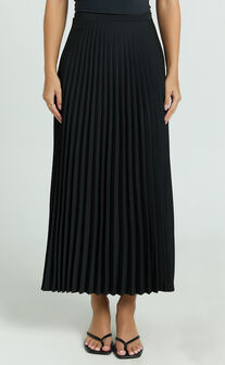Harlee Midi Skirt - Pleated High Waist A Line Skirt in Black
