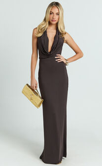 Sylvana Maxi Dress - Cowl Halter Neck Bodycon Dress in Chocolate