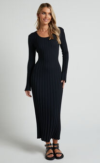 Blaire Midi Dress - Long Sleeve Tie Back Flare Dress in Black