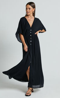 Sitting Pretty Midi Dress - Short Sleeve Button Down Dress in Black