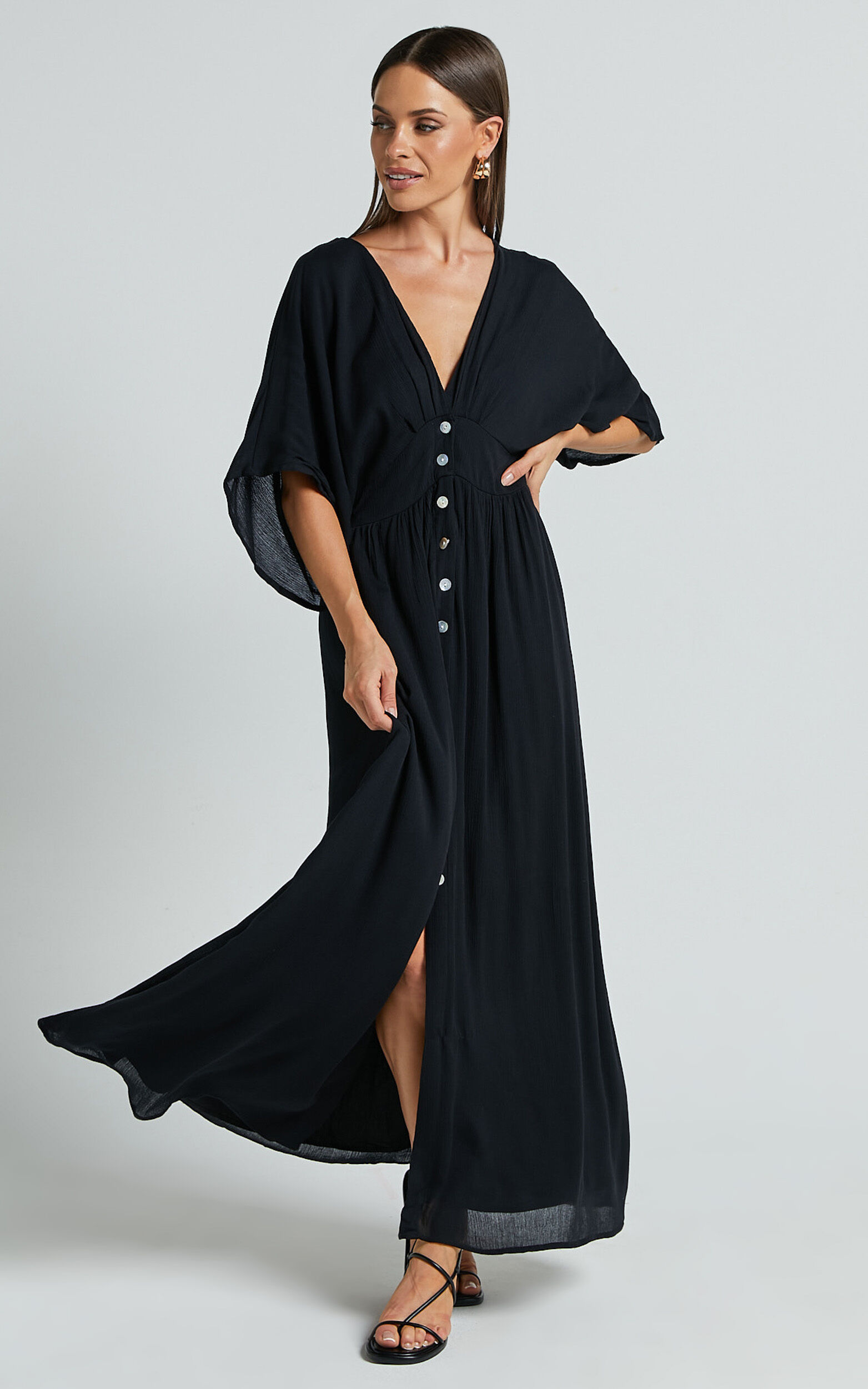 Sitting Pretty Midi Dress - Short Sleeve Button Down Dress in Black - 04, BLK1