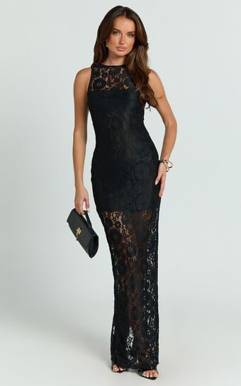 Rimona Maxi Dress - Lace High Neck Bodycon Dress in Black