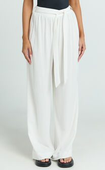 Kalli Pants - Linen Look Belted Wide Leg Relaxed Pants in White