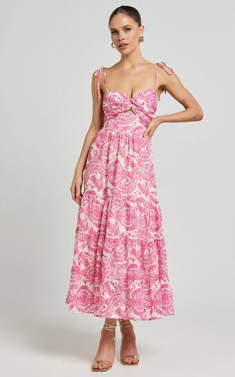 Esmeralda Midi Dress - Strappy Cut Out Tiered Dress in Pink Floral