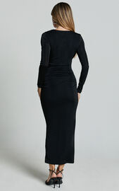 Melanie Midi Dress - Plunge Long Sleeve Tie Front Dress in Black | Showpo