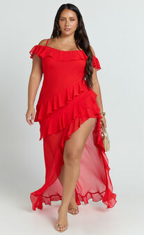 Brigitte Maxi Dress - Halter Off Shoulder Georgette Ruffle Tiered Dress in Red