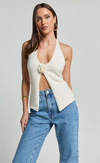 Mia Top - Knitted Halter Neck Rosette Detail Top in Cream