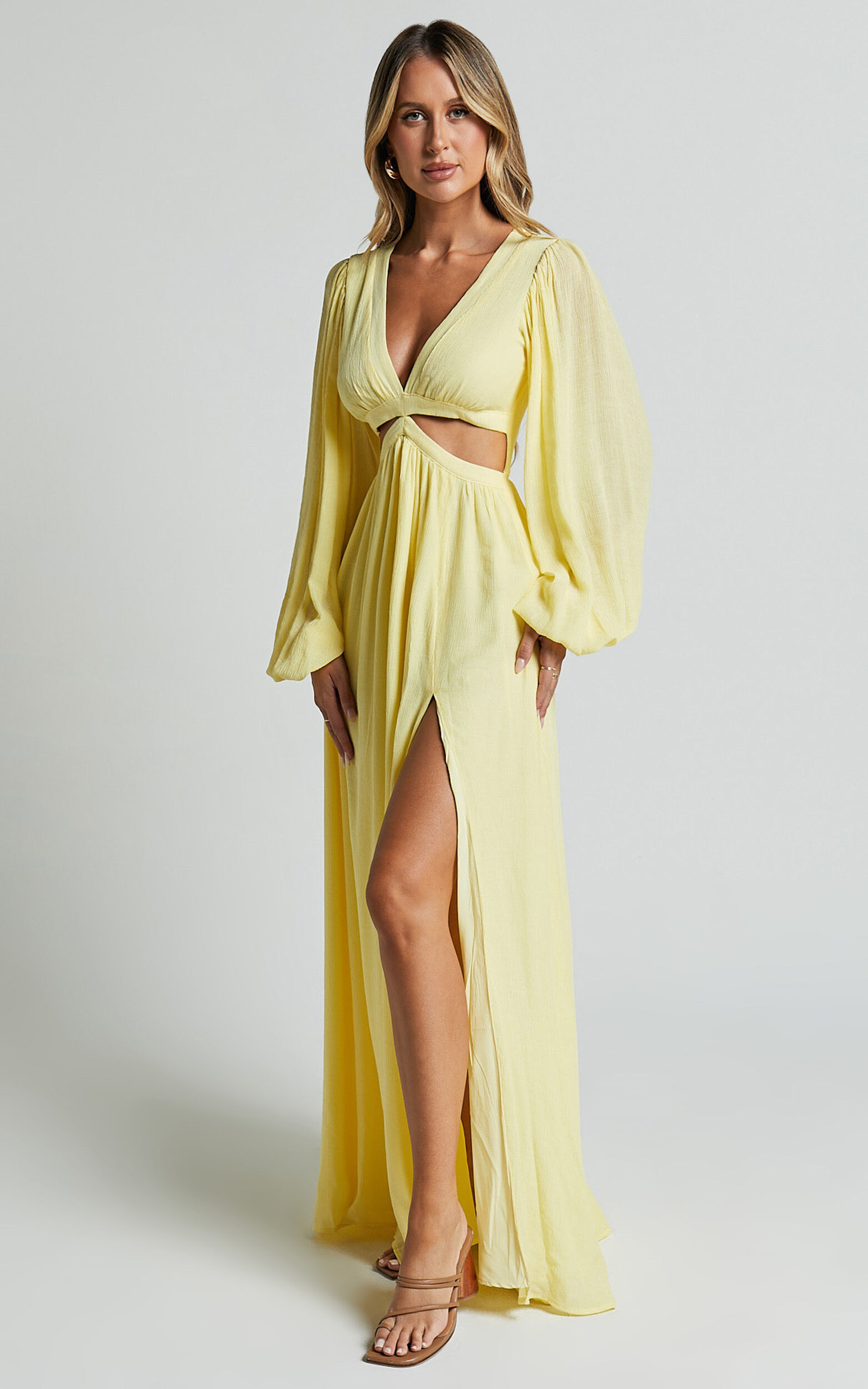 Paige Maxi Dress - Side Cut Out Balloon Sleeve Dress in Lemon | Showpo USA