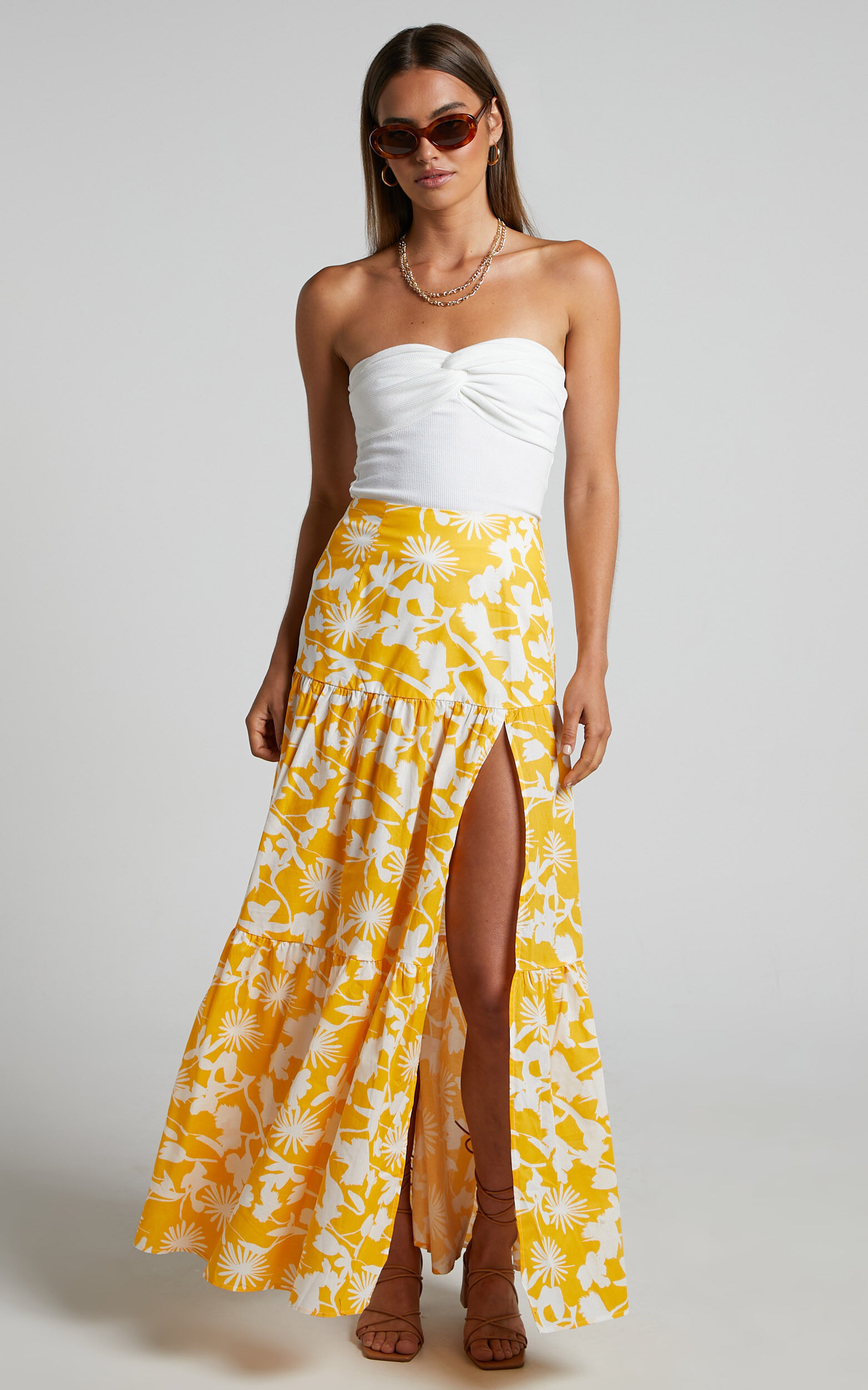 Evita Midi Skirt Drop Waist Thigh Split Tiered Skirt in Yellow Floral Showpo NZ