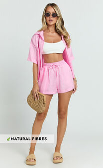 Ramona Linen Shorts - Drawstring Linen Shorts in Pink