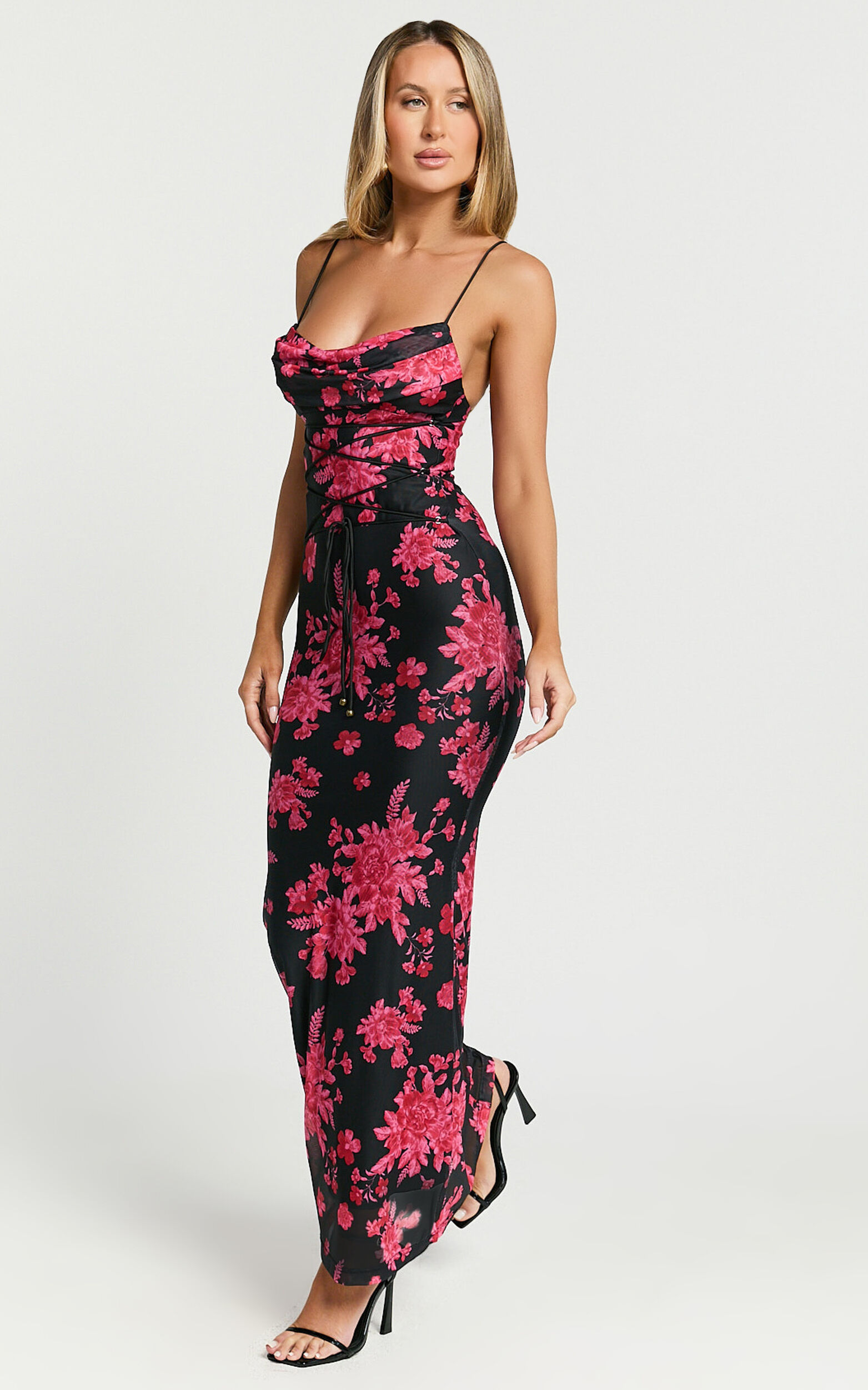 Ariel Midi Dress - Mesh Bodycon Tie Detail Dress in Black & Red Floral ...