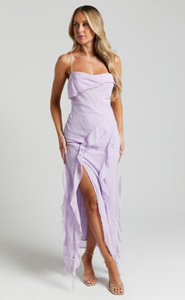Connie Midi Dress- Ruffle Detail Dress in Lilac