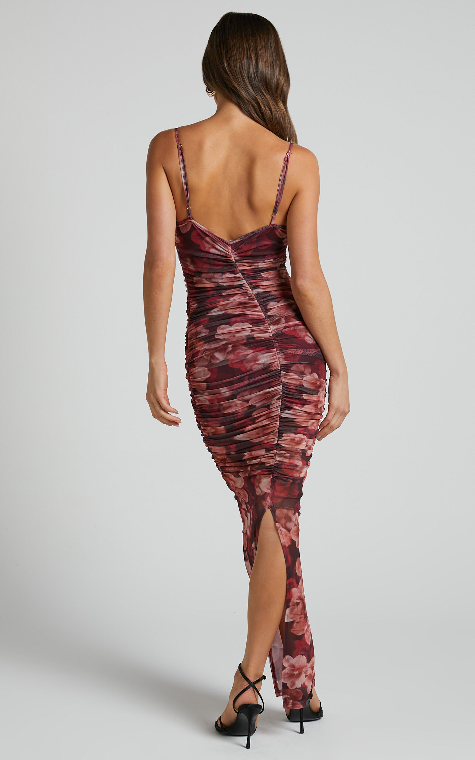 RUNAWAY THE LABEL SACHA MESH MIDI DRESS in Wine Floral Showpo USA