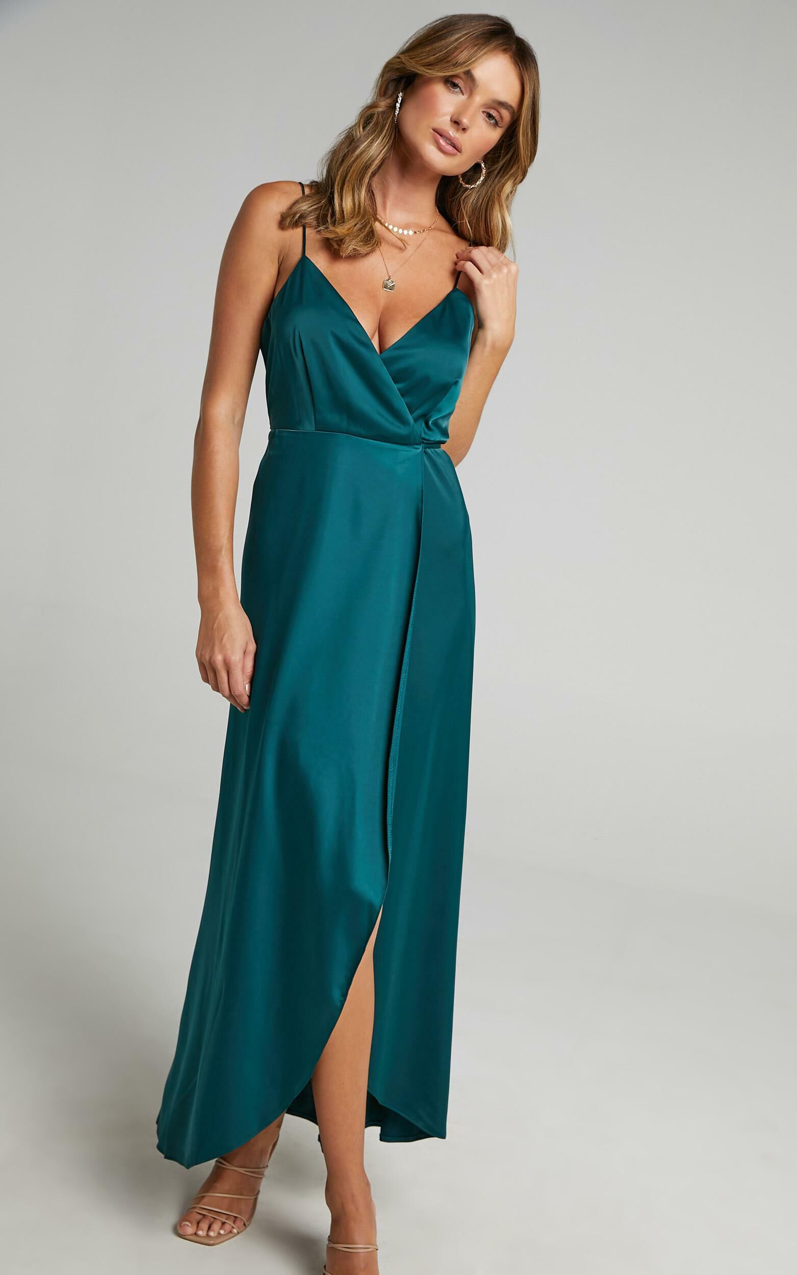 Mine Would Be You Midi Dress - Wrap Dress in Emerald Satin | Showpo USA