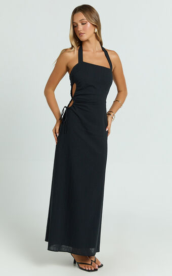 Myra Maxi Dress - Halter Ruched Side Dress in Black