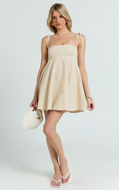 Jazmin Mini Dress - Tie Shoulder Fit And Flare Dress in Oatmeal | Showpo