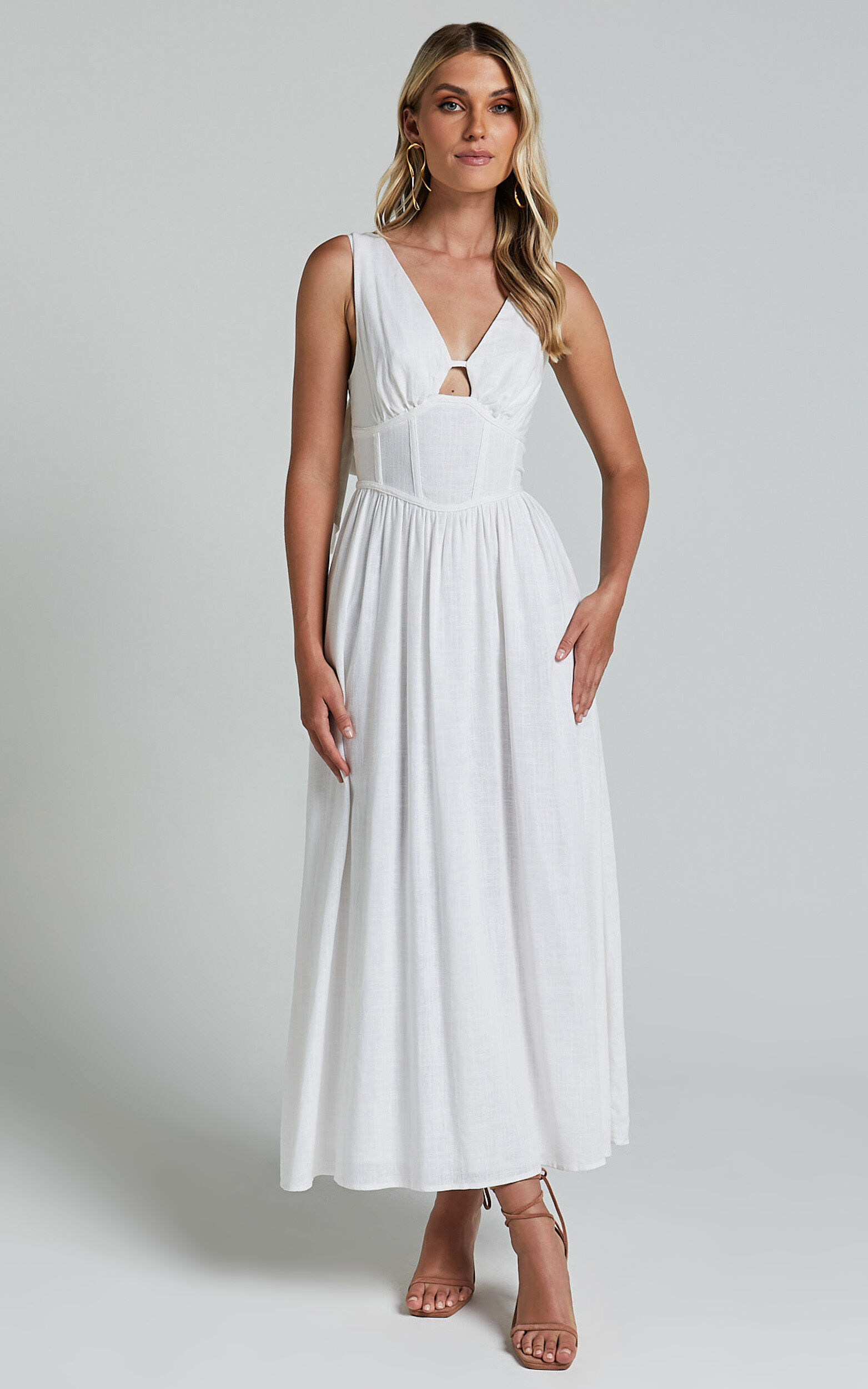 Amalie The Label - Chamika Linen Blend Bustier Double Tie Back Midi Dress  in White