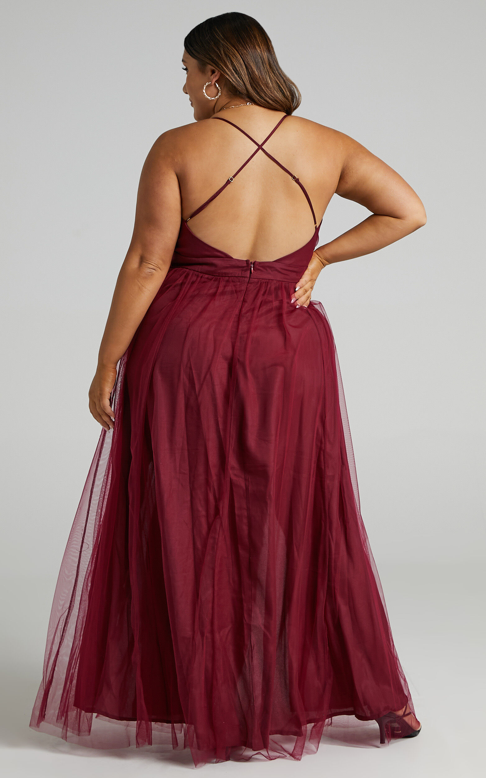 Tell Me Lies Midi Dress Plunge Cross Back Dress in Wine Tulle Showpo