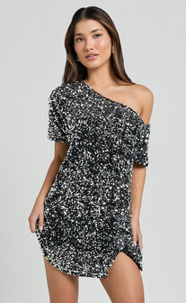 Katrine Mini Dress - Off Shoulder Shift Sequin Dress in Black