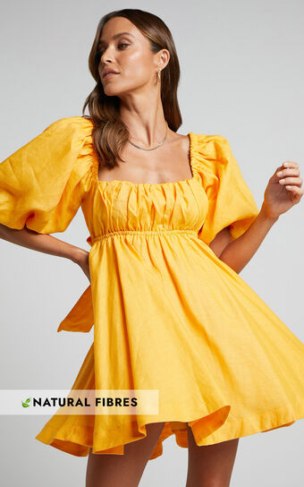 Amalie The Label - Hamyya Linen Tie Back Puff Sleeve Mini Linen Dress in Mango