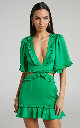 Maricris Mini Dress - Open Back Bell Sleeve Frill Dress in Green