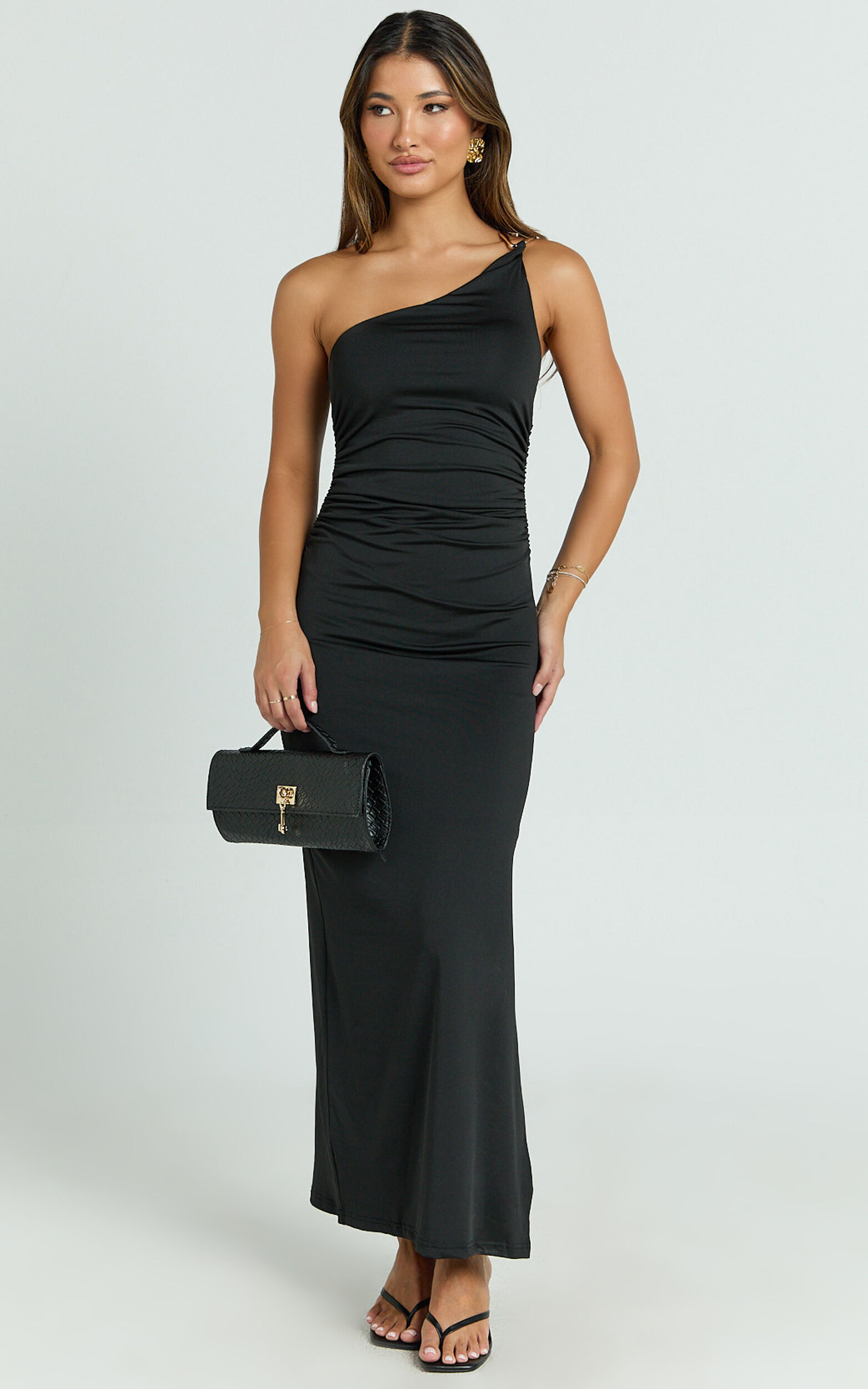 Debbie Maxi Dress - One Shoulder Trim Detail Dress in Black - 06, BLK1