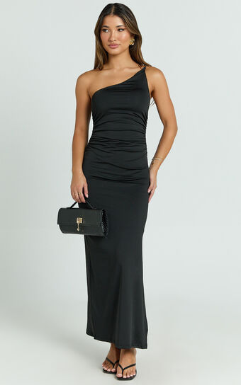 Debbie Maxi Dress - One Shoulder Trim Detail Dress in Black