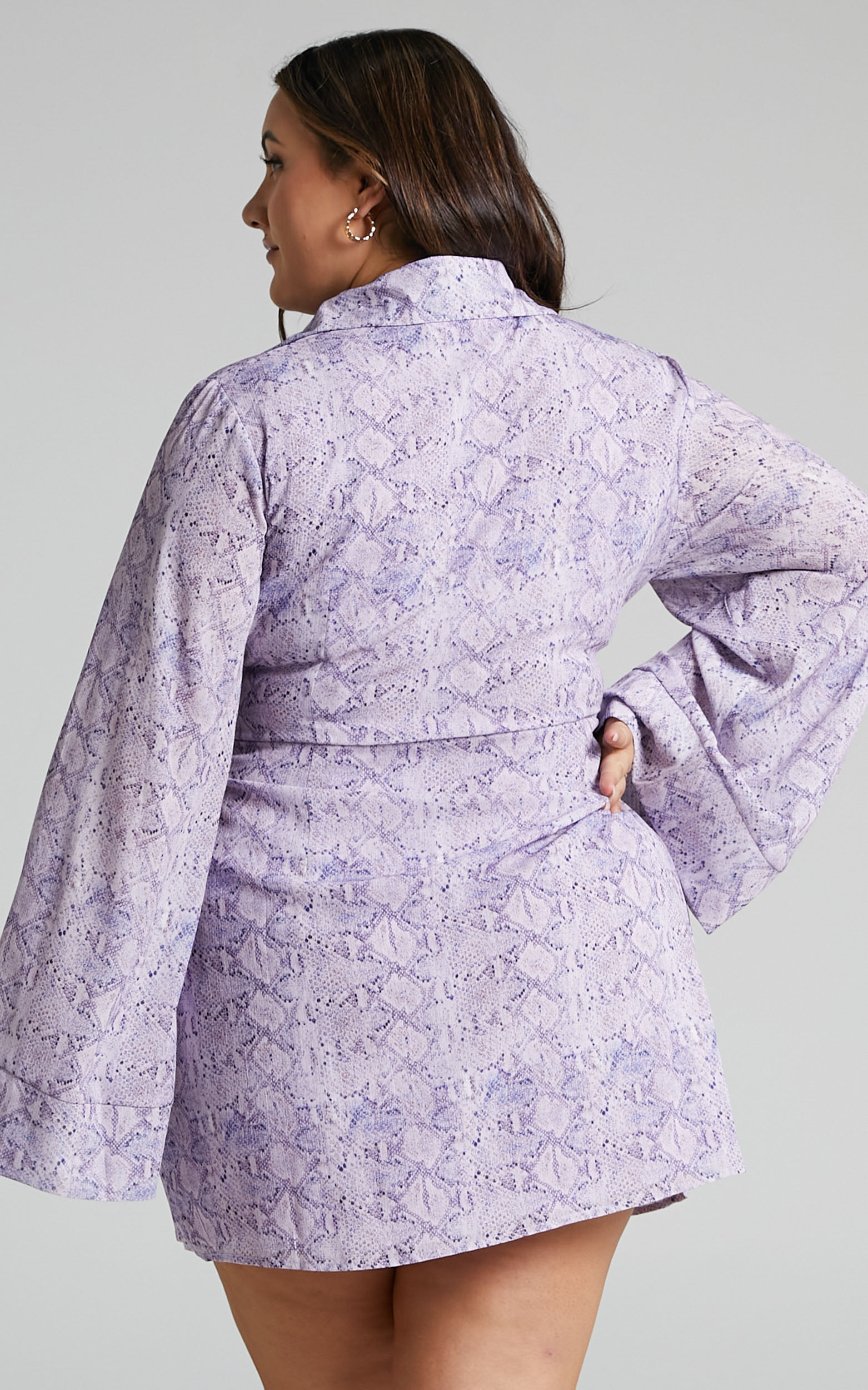 Hadid Mini Dress Button Down Waist Tie Shirt Dress in Lilac Snake Print Showpo EU