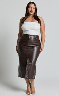 Jules Midi Skirt - Faux Leather High Waisted Front Split Midi Skirt in Chocolate