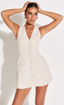 Abbey Mini Dress - Button Front V Neck Vest Dress in Oat