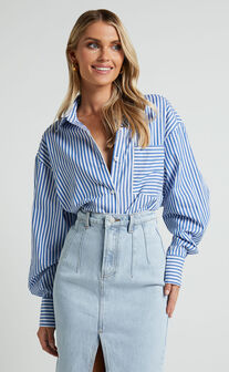 Jaycey Shirt - Long Sleeve Pocket Detail Shirt in Navy Stripe