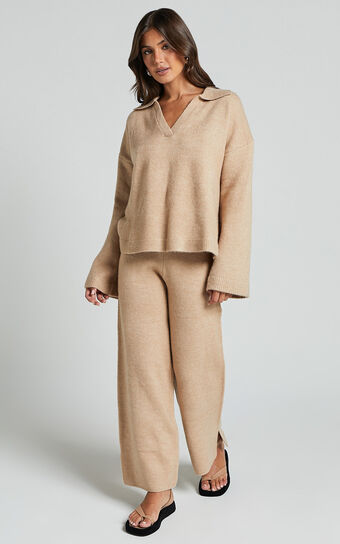 Livia Pants - Knitted High Waisted Side Split Pants in Beige Marl