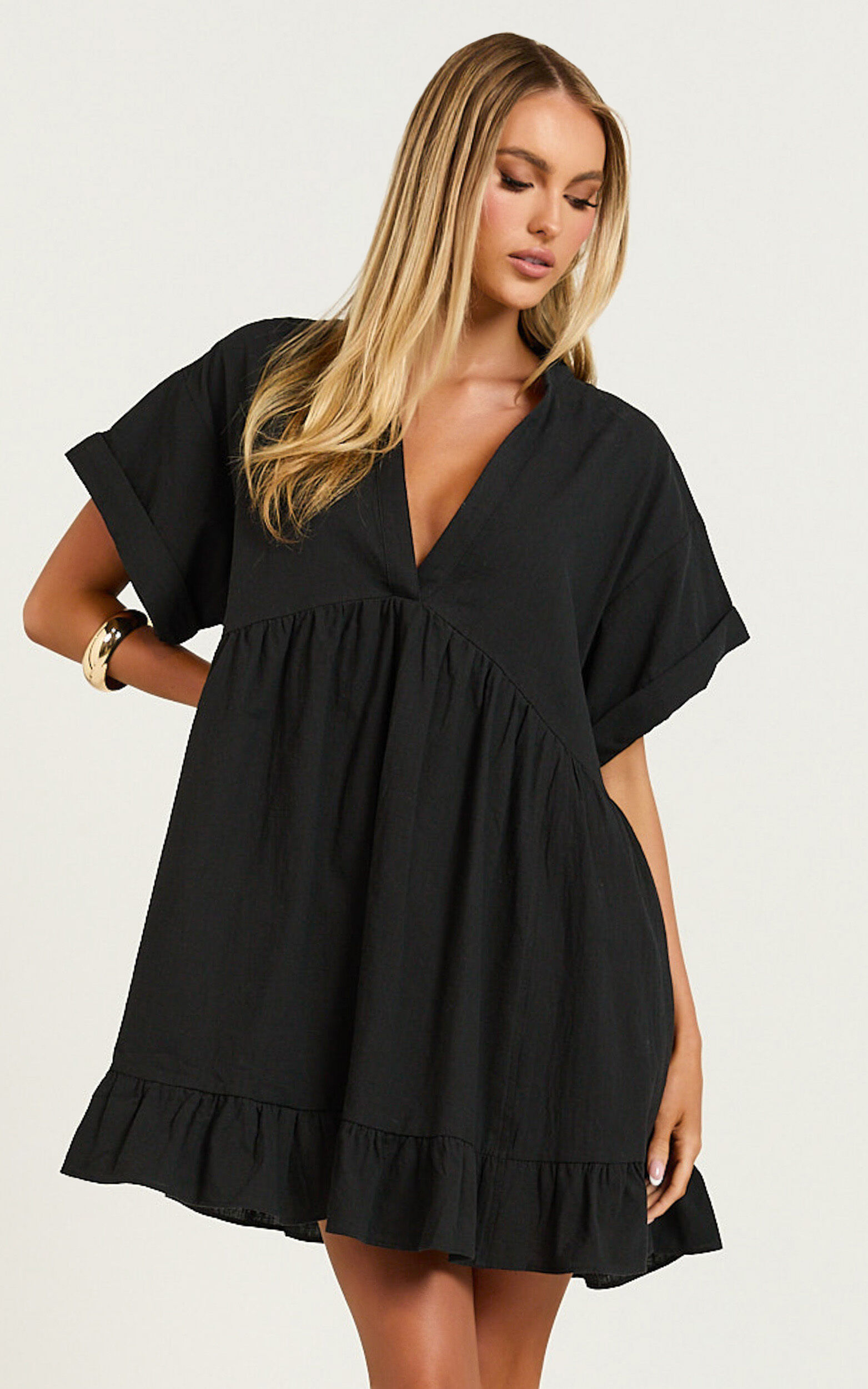 Calissa Mini Dress Frill Hem Smock Dress in Black Showpo USA