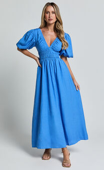 Amalie The Label - Khaila Linen Blend Plunge Puff Sleeve Midi Dress in Blue