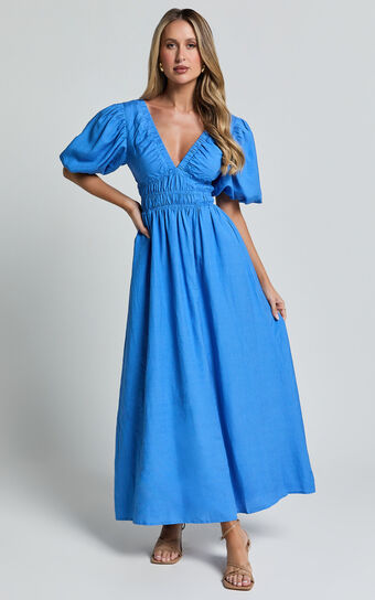 Amalie The Label Khaila Linen Blend Plunge Puff Sleeve Midi Dress in Blue