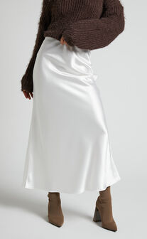 Salina Midi Skirt - Satin Slip Skirt in White