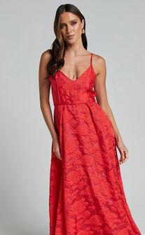 Philine Midi Dress - Plunge Fit and Flare Dress in RED
