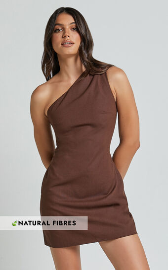 Mardelle Mini Dress - Linen Look Asymmetric One Shoulder Dress in Chocolate