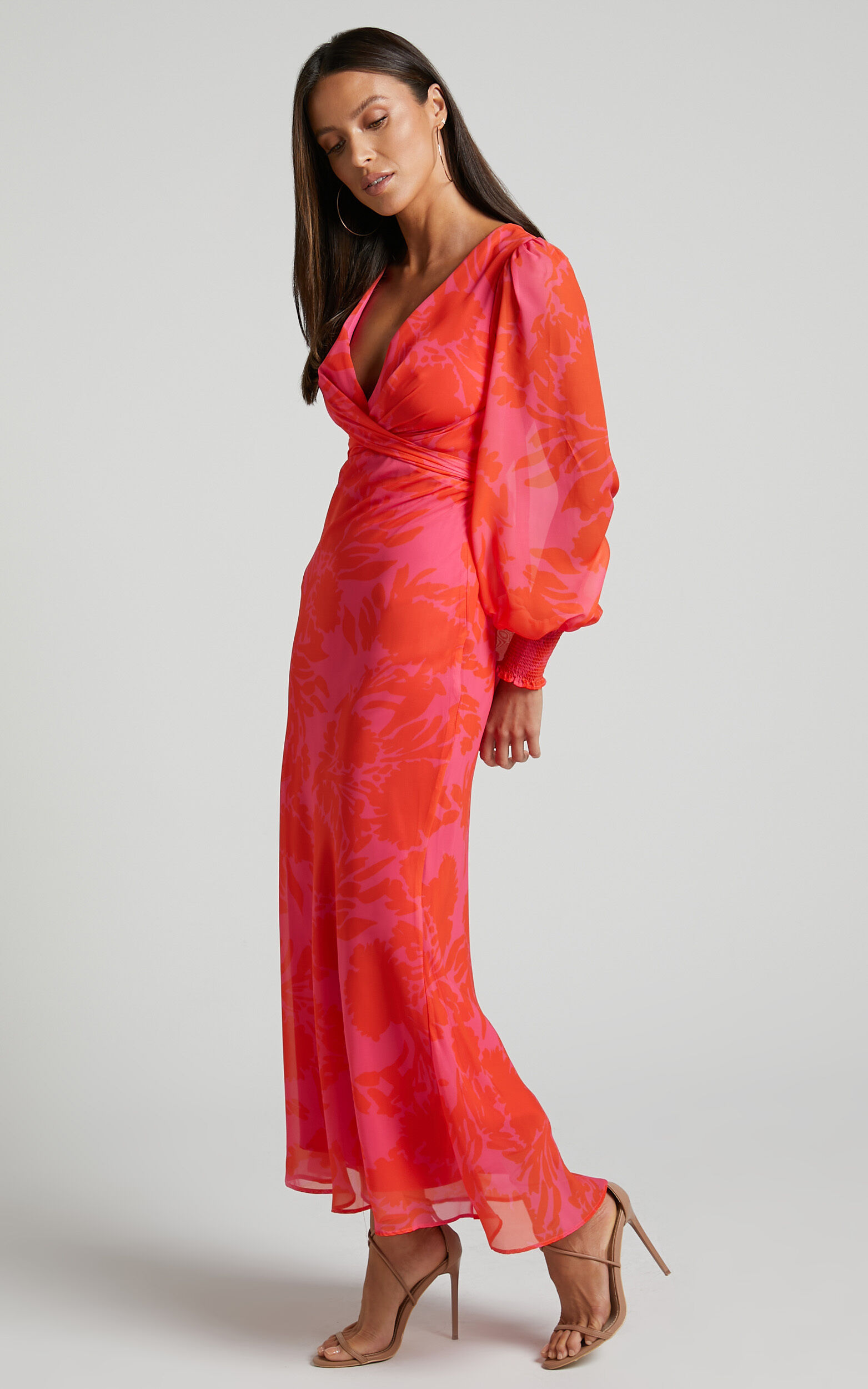 Artelia Midi Dress V Neck Long Sleeve Slip Dress in Pink Floral