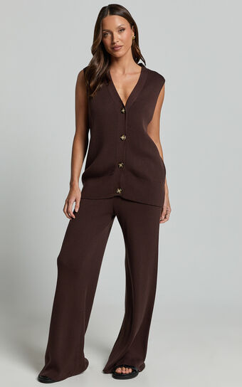 Sasha Pants - Knitted High Waist Wide Leg Pants in Chocolate