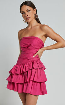 Emerie Mini Dress - Strapless Ruffle Skirt Dress in Pink