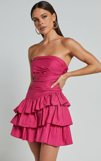 Emerie Mini Dress - Strapless Ruffle Skirt Dress in Pink