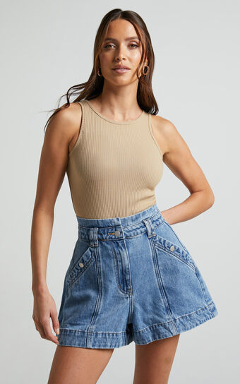 Kayla Shorts - High Waisted A Line Denim Shorts in Mid Blue Wash