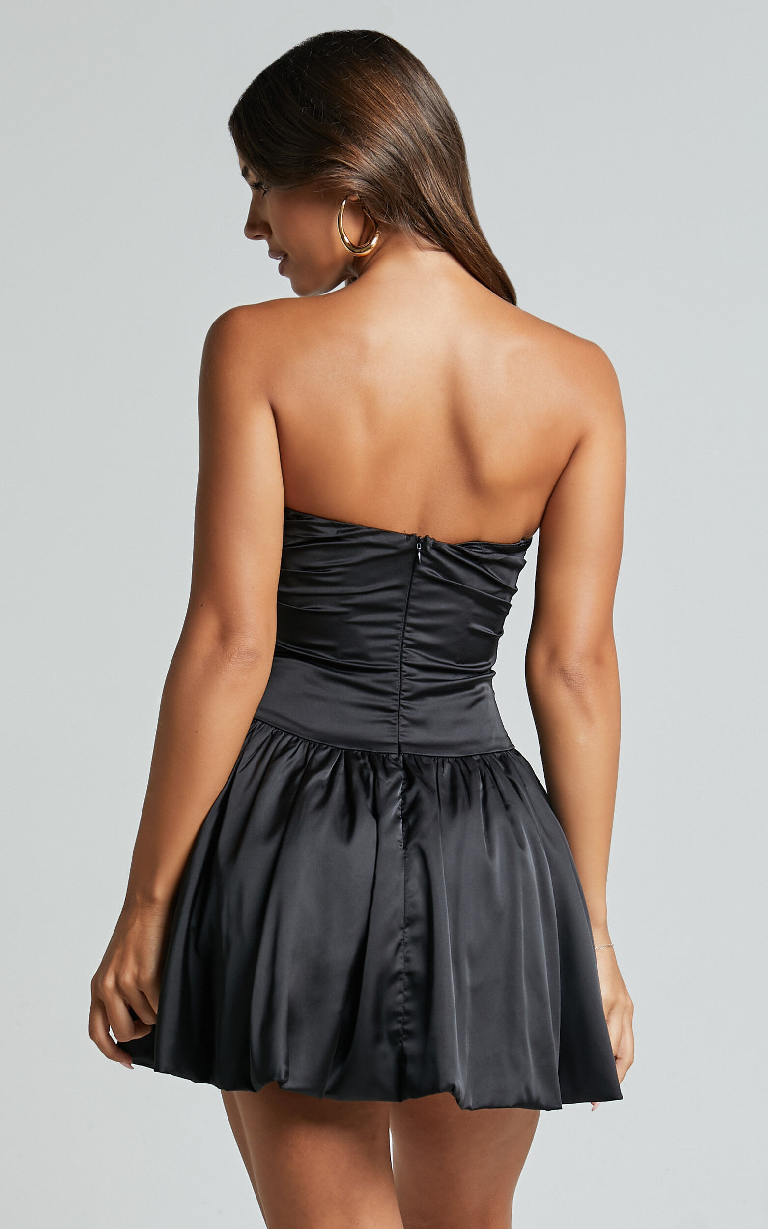 Edina Mini Dress - Strapless Drop Waist Puff Ball Dress in Black | Showpo