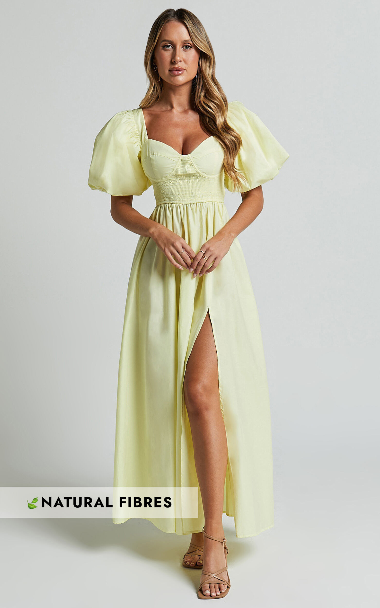 Raiza Midi Dress - Shirred Waist Puff Sleeve Dress in Lemon - 06, YEL5